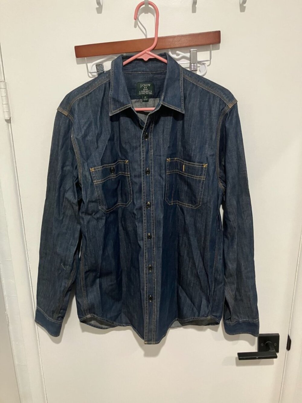 J. Crew Men's Button Down Denim Work Shirt, Navy Blue, Size Medium